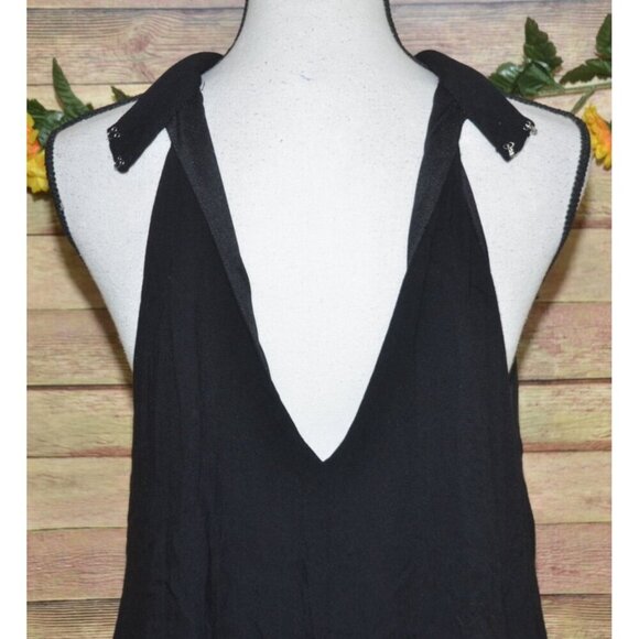 Entro Black Sleeveless A-Line Mini Dress L Floral Cream Embroidery High Neckline - Picture 9 of 13